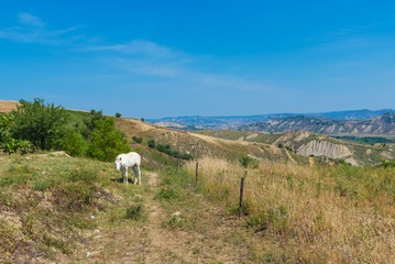 Craco (Italy) - The evocative ruins and landscapes of the ghost town scattered among the badlands hills of the Basilicata region, beside Matera, destroyed by a landslide and abandoned.