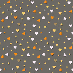 Seamless pattern with heart, dot and star. Vector repeating texture.