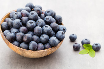 Fresh blueberries natural coconut in a bowl on a gray background.