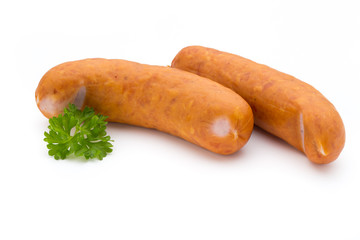 Sausage and spices isolated on white background, fresh delicious frankfurter.