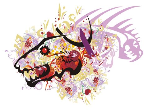 Grunge aggressive wolf head with red hearts. Colorful splashes in a terrible wolf head with red hearts, asterisks and dragon head