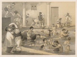 A bathing pool on a British station in India. Date: 1860