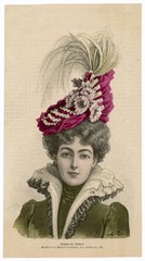 Elegant woman wearing a scarlet hat. Date: 1899