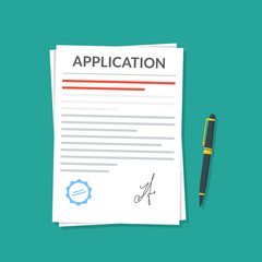 Application or document with a seal and a signature next to which is a pen. Application for leave or dismissal. Premium quality vector illustration in a flat style.