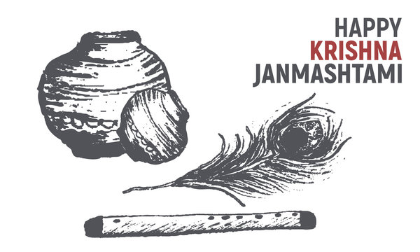 Happy Krishna Janmashtami sketch for greeting card banner template 