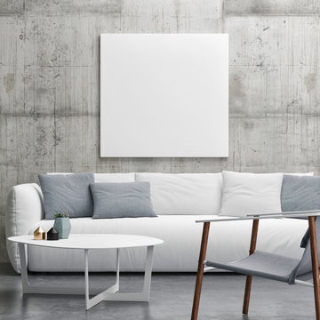 Mock up poster in Living room, minimalism interior design, 3d illustration