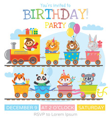 Greeting card with cute animal on train. Birthday party. Vector illustration