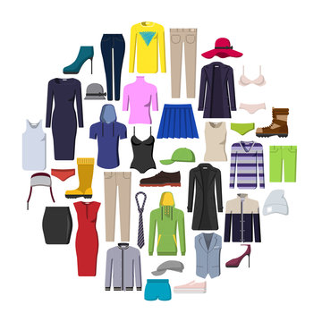 A set of icons of casual clothes for all seasons for women and men