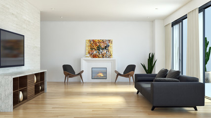 Modern bright living room lounge interior. 3D rendering
