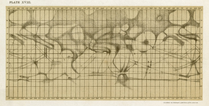 Schiaparelli's map of the planet Mars. Date: 1881/2