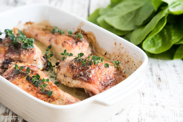 Fried golden chicken thighs with spices and herbs. Baked chicken legs