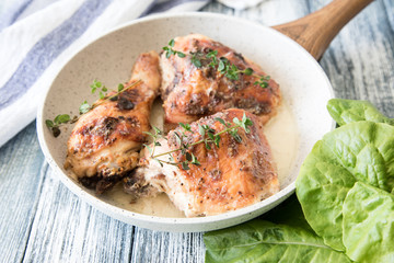 Fried golden chicken thighs with spices and herbs. Baked chicken legs