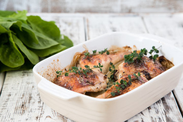 Fried golden chicken thighs with spices and herbs. Baked chicken legs