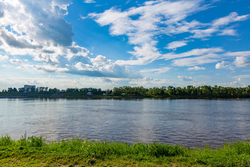 The shore of the grandiose Russian Volga river near the town of Uglich on a summer day. Yaroslavl region
