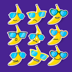Cartoon banana emojis with sunglasses. 