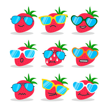 Cartoon strawberry emojis with sunglasses. 