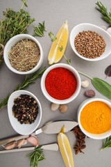 Various dried and spices and fresh seasonings on a gray table..