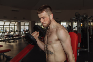 Strength exercises lifting dumbbells. The man is swinging his biceps. Shooting in the gym.