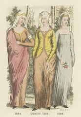 Fototapeta na wymiar Costume - Women 1390s. Date: 1386 - 1399