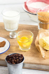 Baking ingredients on white wooden table