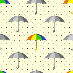 Fototapeta na wymiar Seamless pattern with grey and colorful umbrellas and raindrops