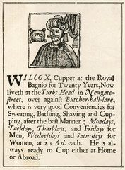 Fototapeta na wymiar Wilcox the Cupper - Advert. Date: 1709