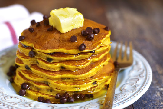 Pumpkin pancakes with chocolate drops.