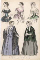 Fototapeta na wymiar Fashions for April 1851. Date: 1851