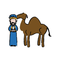 cartoon wise king with camel manger characters vector illustration