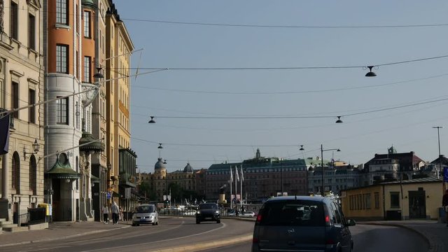Morning traffic in Gamla stan old town in Stockholm, Sweden