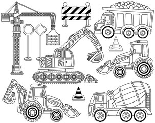 Vector Construction Transport Set Includes Crane, Concrete Mixer, Excavator, Bulldozer, Digger and Tractor. Construction Machines.