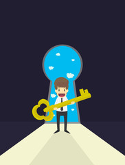 businessman holding the key to unlock. vector