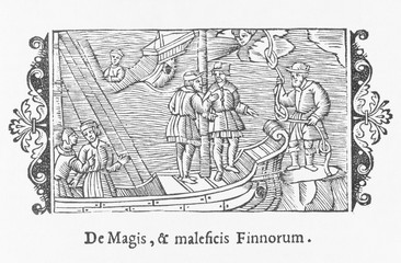 Fototapeta na wymiar Witches sell winds to sailors 1555.. Date: 1555