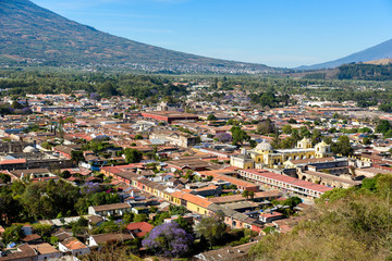 Cerro de la Cruz - Viewpoint from hill to old historic city Antigua and volcano in the mayan highlands in Guatemala