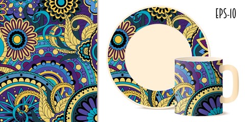 colorful zen floral pattern with mandalas and dishes mockup