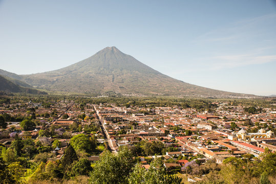 Cerro de la Cruz - Viewpoint from hill to old historic city Antigua and volcano in the mayan highlands in Guatemala