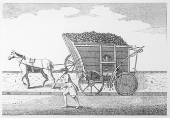 Fototapeta na wymiar Rail before steam: a horse-drawn coal wagon on rails.. Date: 18th century