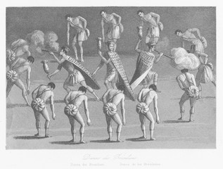 Brazilian natives performing a traditional dance. Date: 17th century