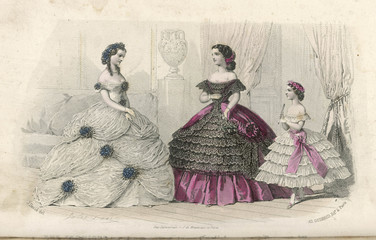 Victorian fashion. Women wearing evening dresses. Date: 1860 - obrazy, fototapety, plakaty