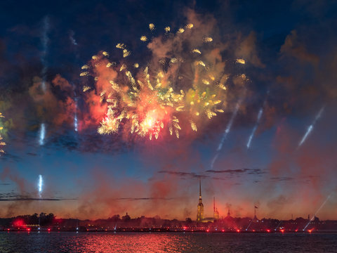 Fireworks at Neva river during Scarlet Sails festival in Saint Petersburg, Russia
