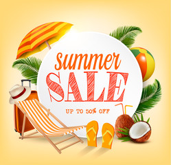 Naklejka premium Summer Sale Template Vector Banner With Colorful Beach Elements. Design For Promotion.