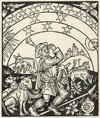 Medieval French Shepherd Observes the Stars   . Date: 1504