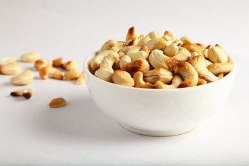 Bowl of homemade salted cashew nuts,