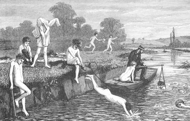 Boys bathing in the River Thames. Date: 1873