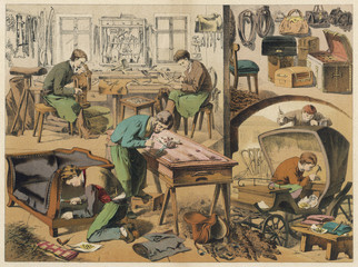 Workshop of a saddler and upholsterer. Date: 1875 - obrazy, fototapety, plakaty