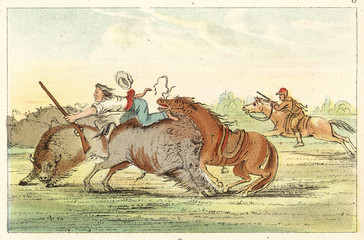Native American Hunting Buffalo on Horseback. Date: circa 1830