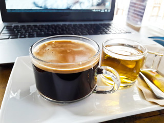 Hot coffee on table