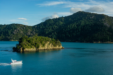 Fototapeta na wymiar View of a boat near Picton, New Zealand