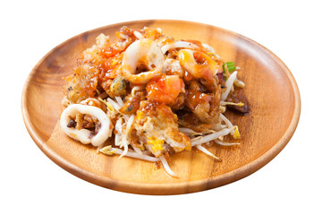 Thai Crispy Pan Fried Mussels With Eggs (Hoy Tord) And Chilli Sauce isolated on white background