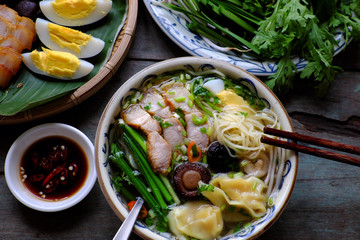 Vietnam food, egg noodle soup with wontons